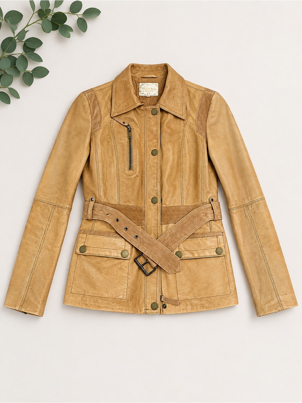 Stradivarius Tan Leather Belted Jacket